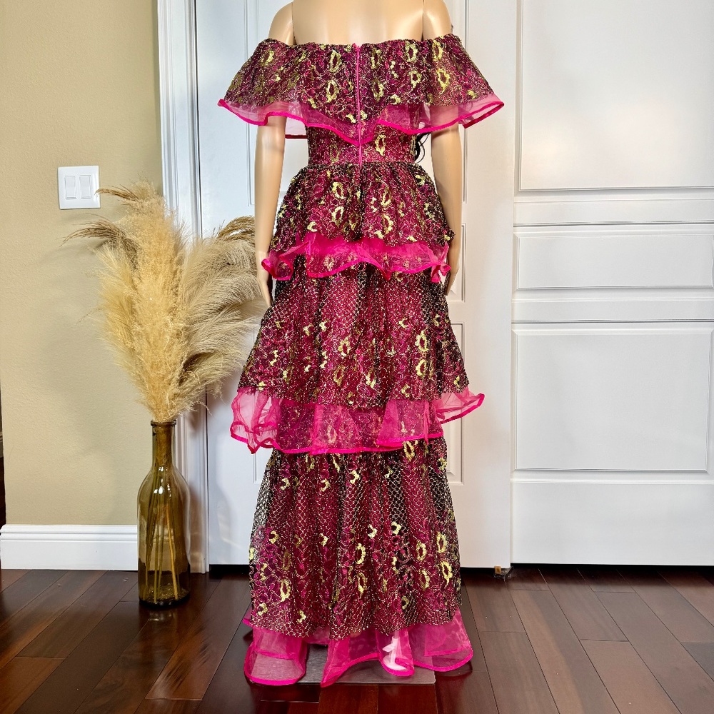 TIERED FUCHSIA MAXI PARTY GOWN DRESS - Picture 6 of 13